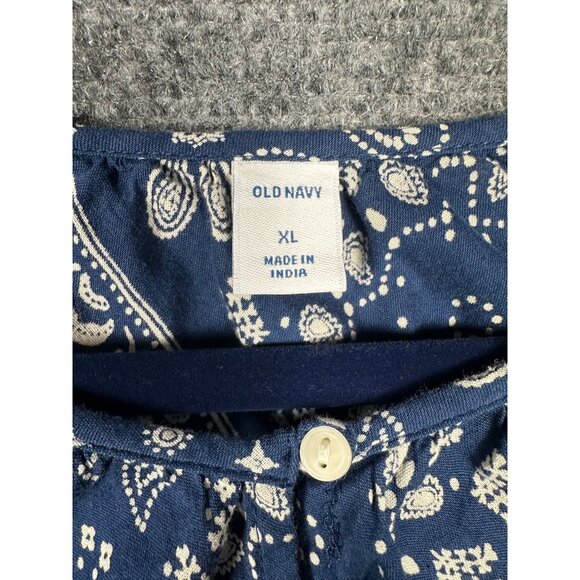 Old Navy Bandana Print Smocked Shoulder Poet Blouse XL Blue Boho Coastal Cowgirl - Picture 4 of 10
